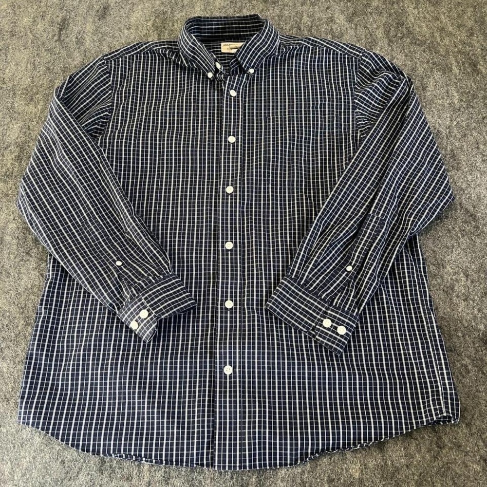 Duluth Trading Co mens large wrinklefighter button down blue plaid shirt